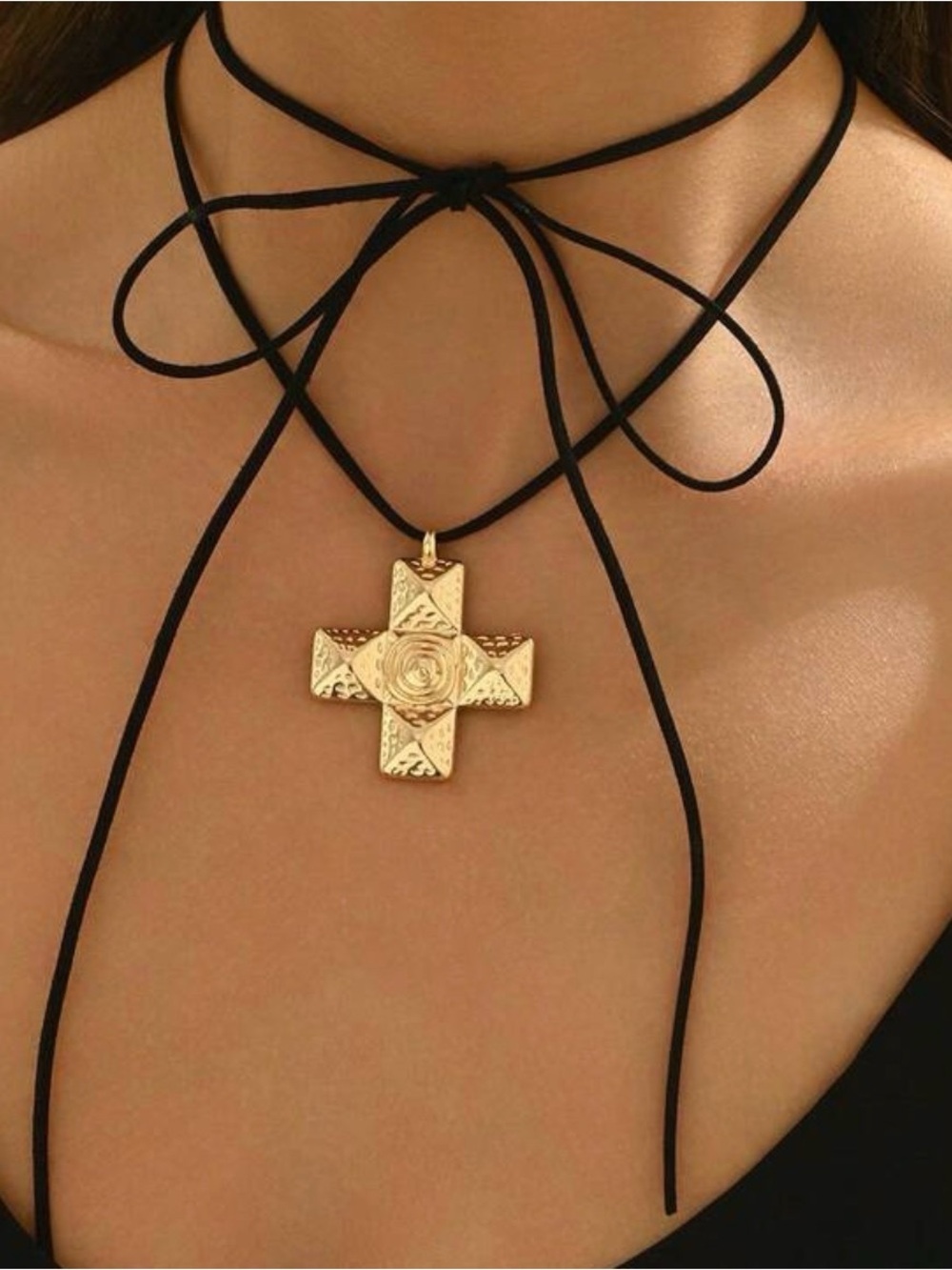 Gold Cross Pendant Choker Necklace - Unbranded